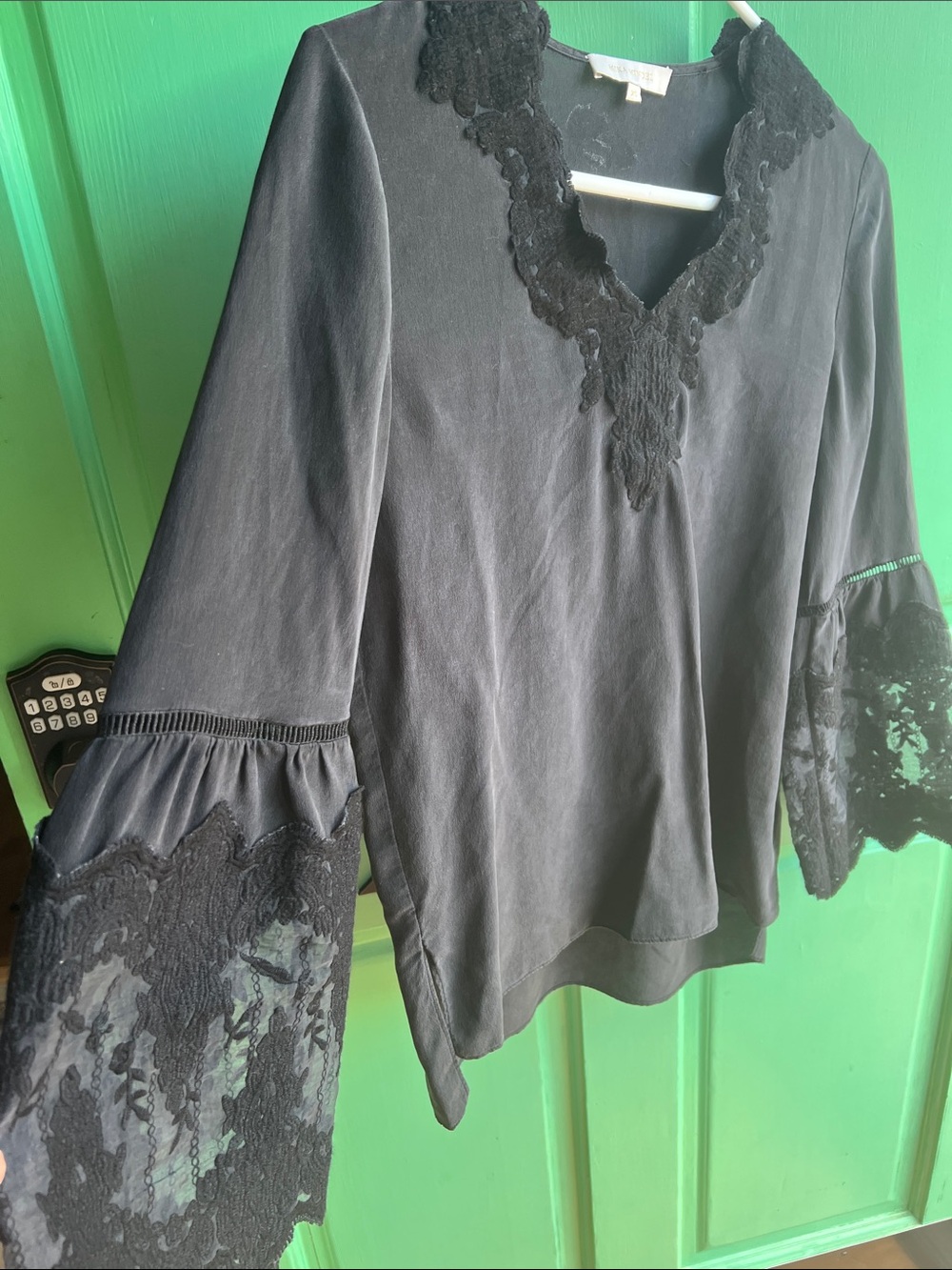 Mika Mindel-silk Black Lace-Detail V-Neck Blouse-XS